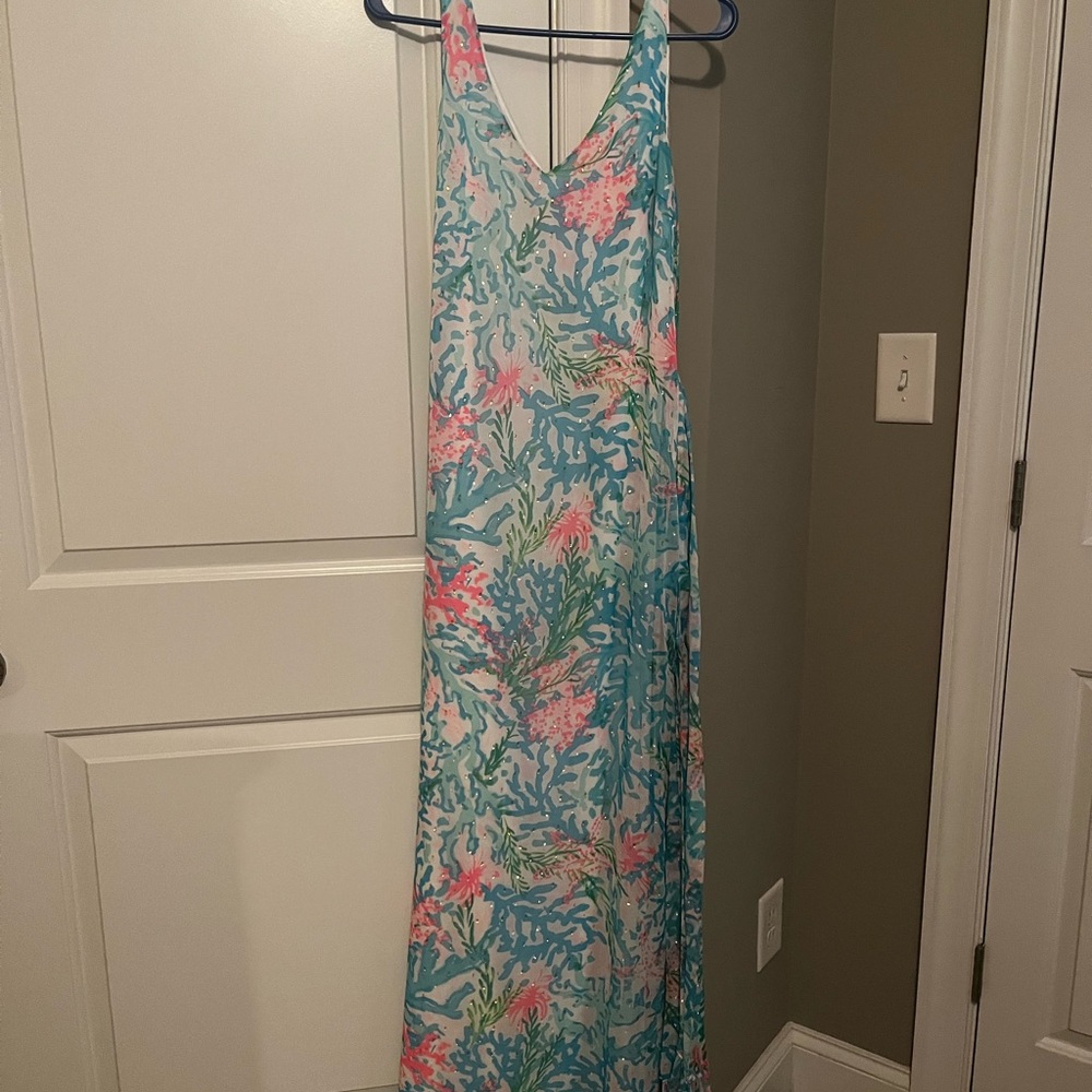 Lilly Pulitzer Women’s Maxi Dress in Blue and Pink Coral Print with Belt